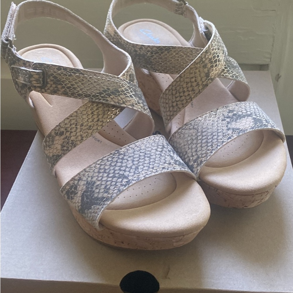 Clarks Tan Wedge Sandals with Braided Straps